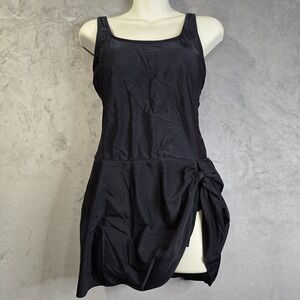 One Piece Swimsuit Swimdress Size Medium Black High Back Wide Strap Knotted Side